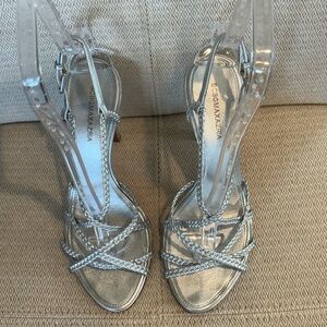 BCBGMaxAzria Metallic Silver Braided-Strap Heels